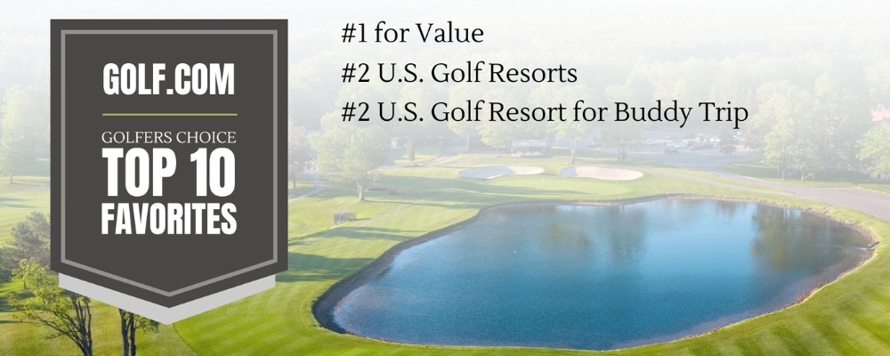 Image of The Heather Golf Course with a text overlay stating "Golf.com Golfers Choice Top 10 Favorites    #1 for Value  #2 U.S. Golf Resorts  #2 U.S. Golf Resort for Buddy Trips "